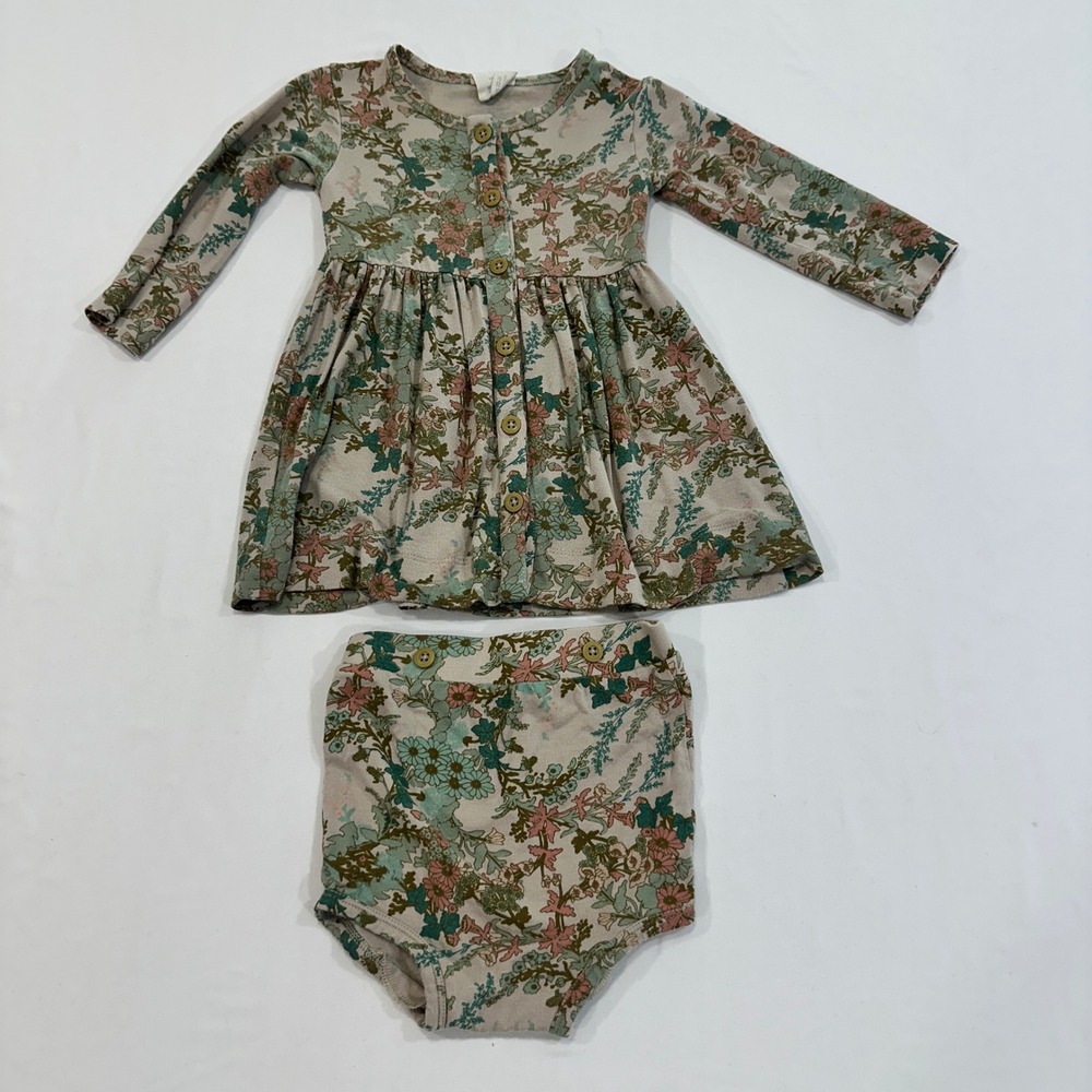 Kate Quinn The Woods Floral Dress and Bloomer Set Girls 12-18M Green Cottagecore